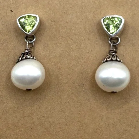 Sterling Silver Green Peridot White Pearl Drop Earrings 925 Pierced Posts - Picture 2 of 9